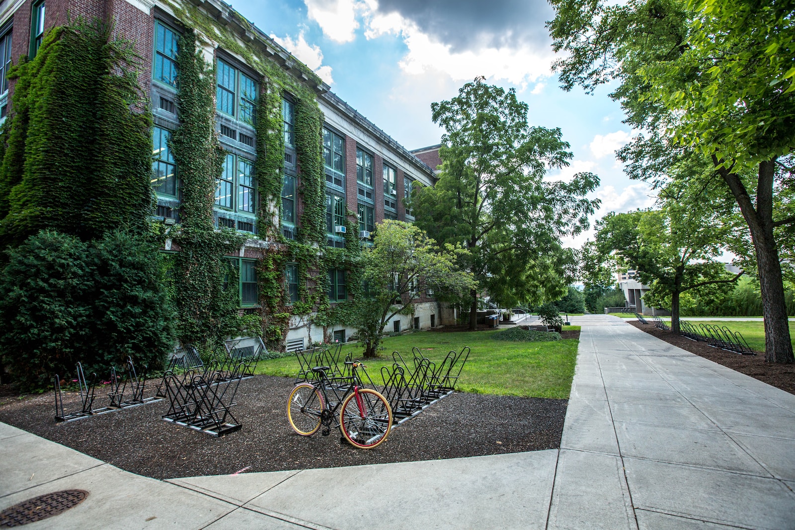 black bicycle parked in front of building